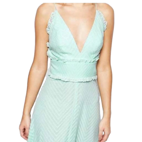 ASOS Jarlo Mint Green Deep V-Neck Textured Chevron Ruffle Maxi Dress size 12 - Picture 3 of 8